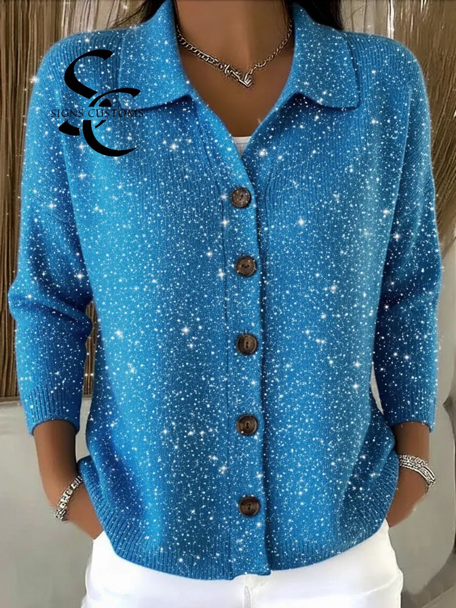 Casual Christmas Party Shirt Collar Button Shiny Cardigan Sweater