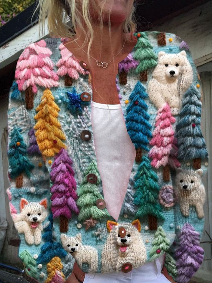 Women's Lovely Dogs Christmas Tree Art Print Buttoned Cardigan Sweater