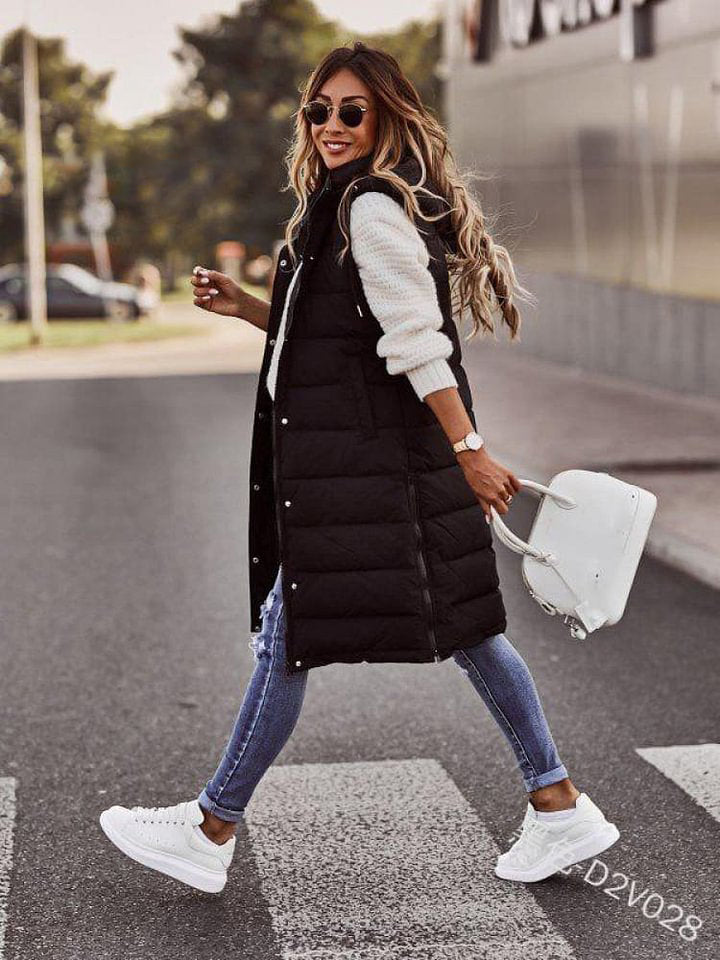 Women's Casaul Stylish Hooded Single Breasted Mid Length Cotton Vest Cardigan Jacket Coat