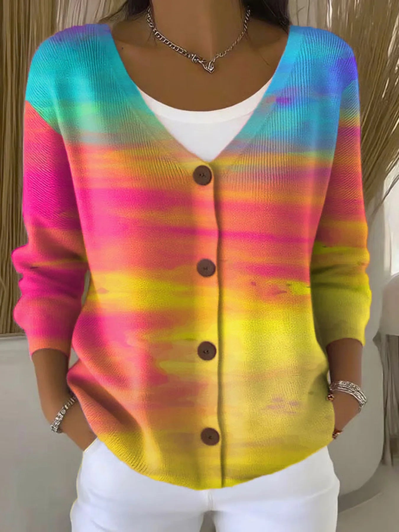 Vintage Gradient Art Print Buttoned V-neck Cardigan Sweater