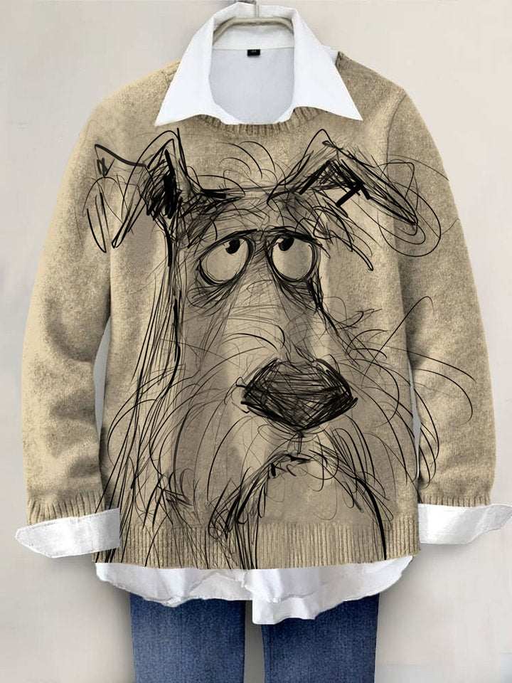 Cute Dog Hand-painted Art Print Knit Pullover Sweater