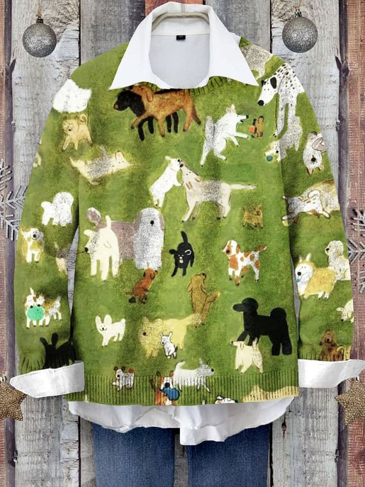 Dog Lover Art Print Knit Pullover Sweater