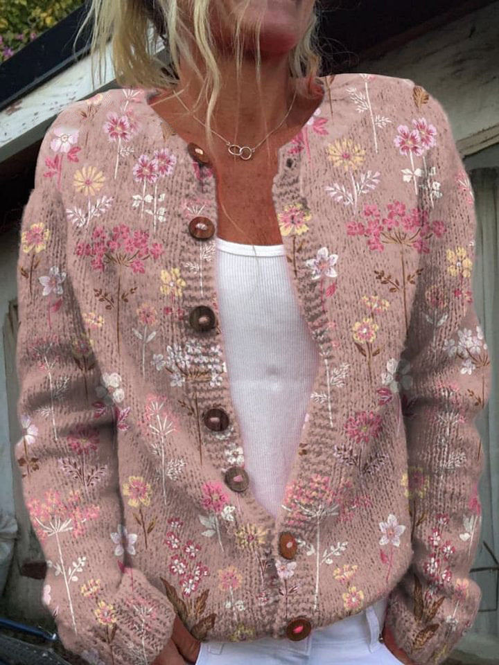 Pink Background with Small Flowers and Decorative Patterns Buttoned Cardigan Sweater
