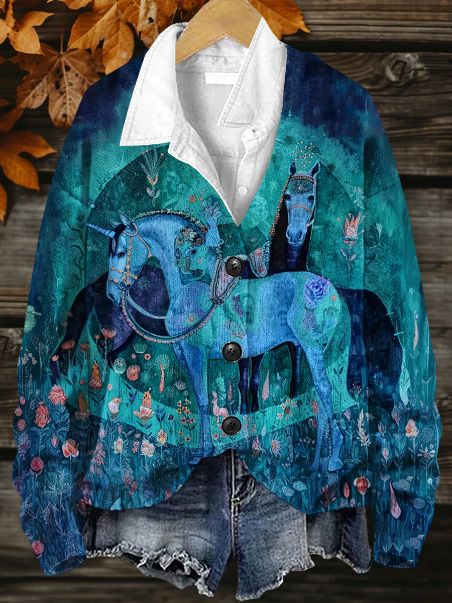 Horse Art Print Button V Neck Cardigan Sweater