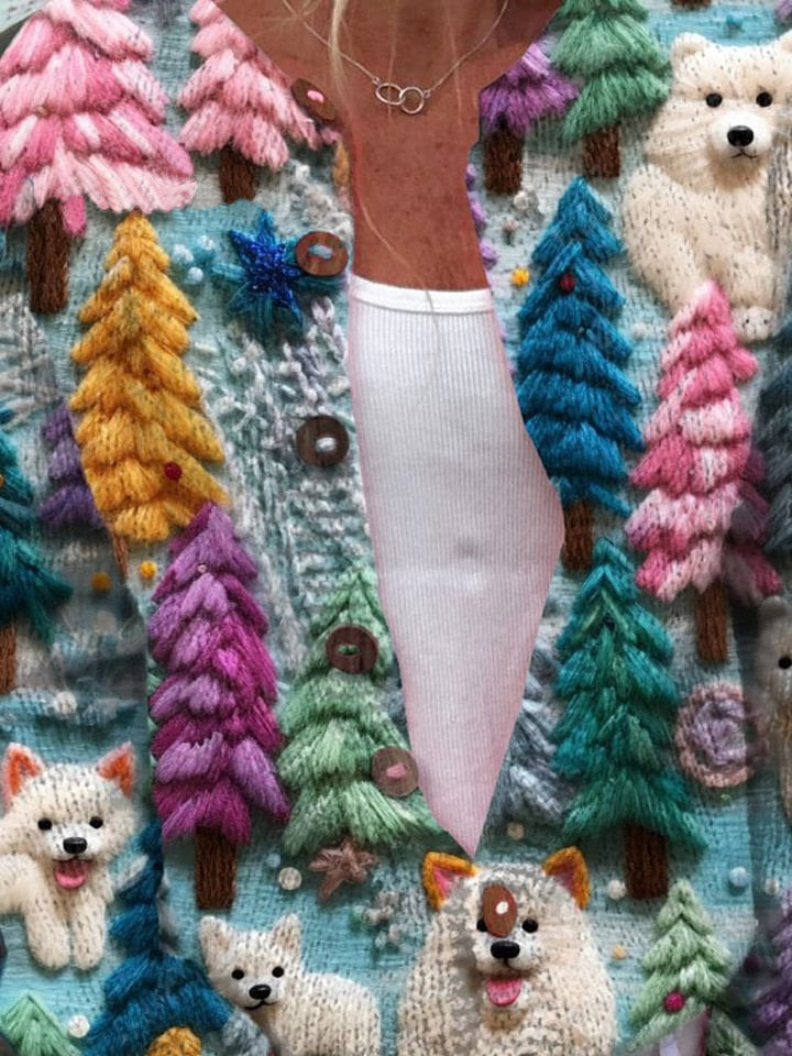 Women's Lovely Dogs Christmas Tree Art Print Buttoned Cardigan Sweater