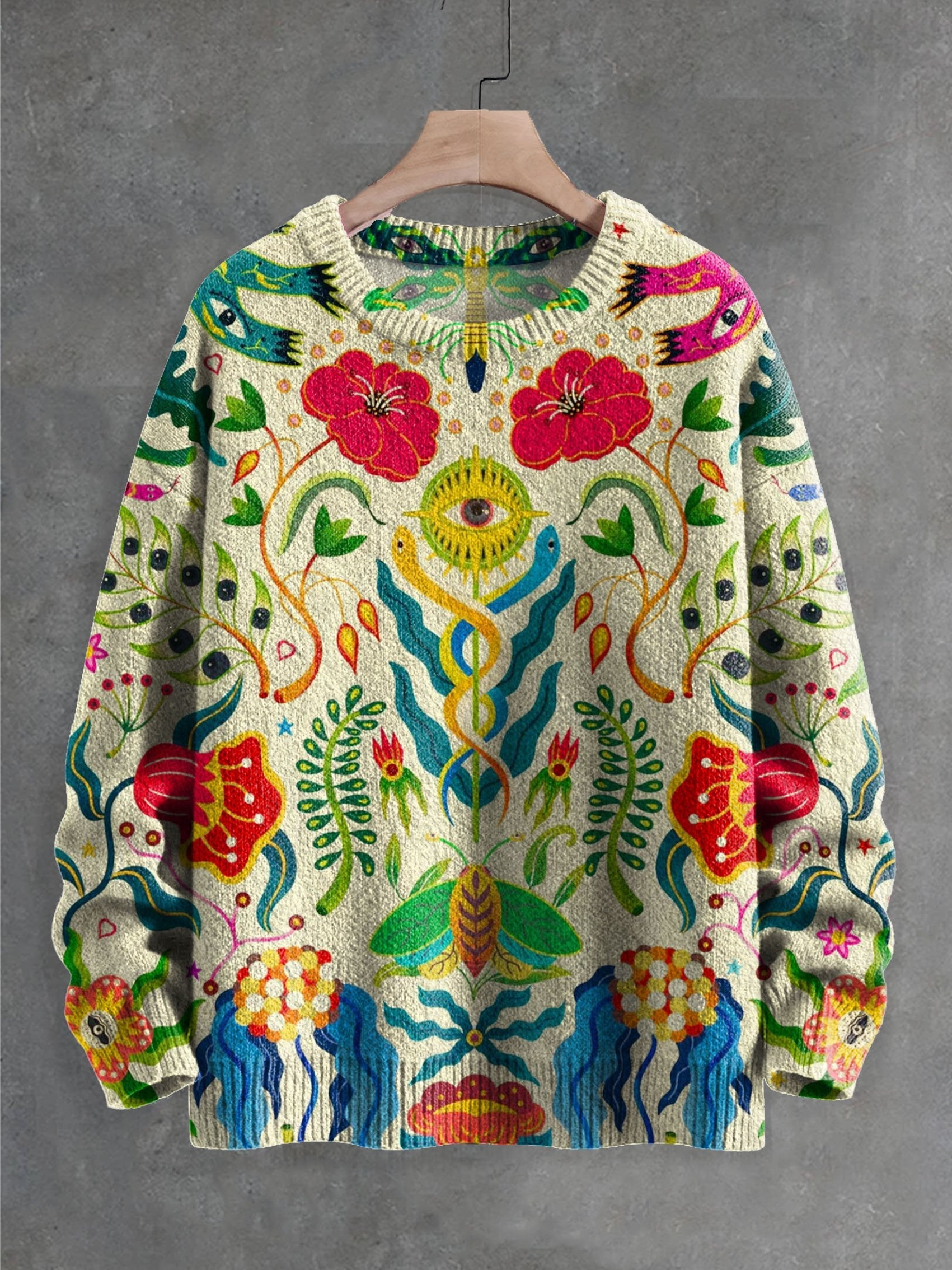 Retro Quirky Eyes Floral Print Knitted Pullover Sweater