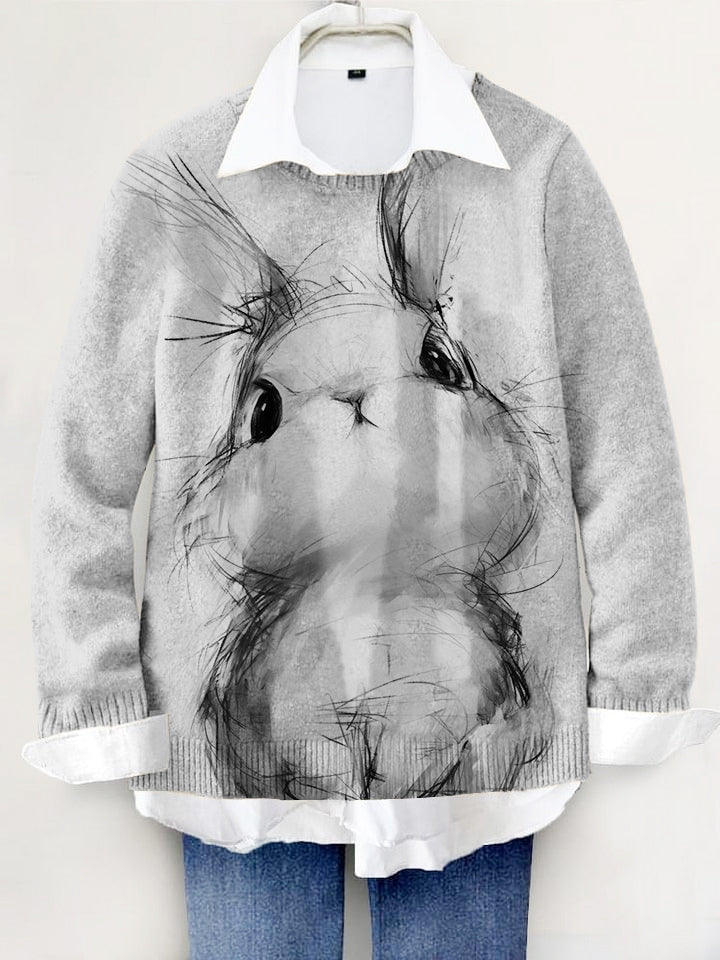 Cute Rabbit Hand-painted Art Print Knit Pullover Sweater