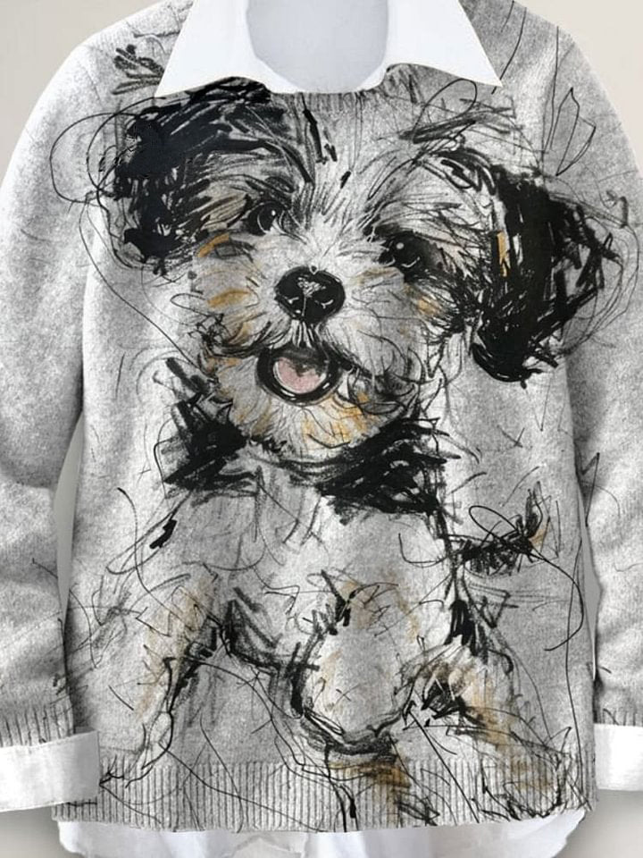 Lovely Dog Hand-painted Art Print Knit Pullover Sweater