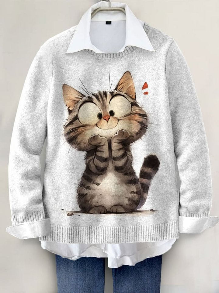 Cute Cat Art Print Knit Pullover Sweater