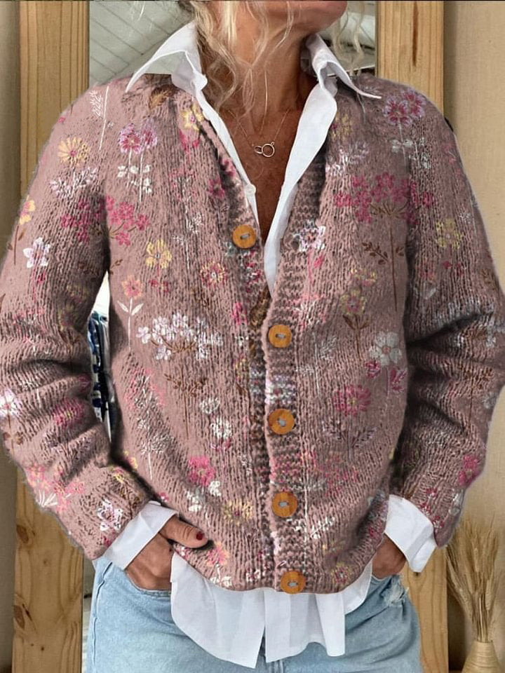Pink Background with Small Flowers and Decorative Patterns Buttoned Cardigan Sweater