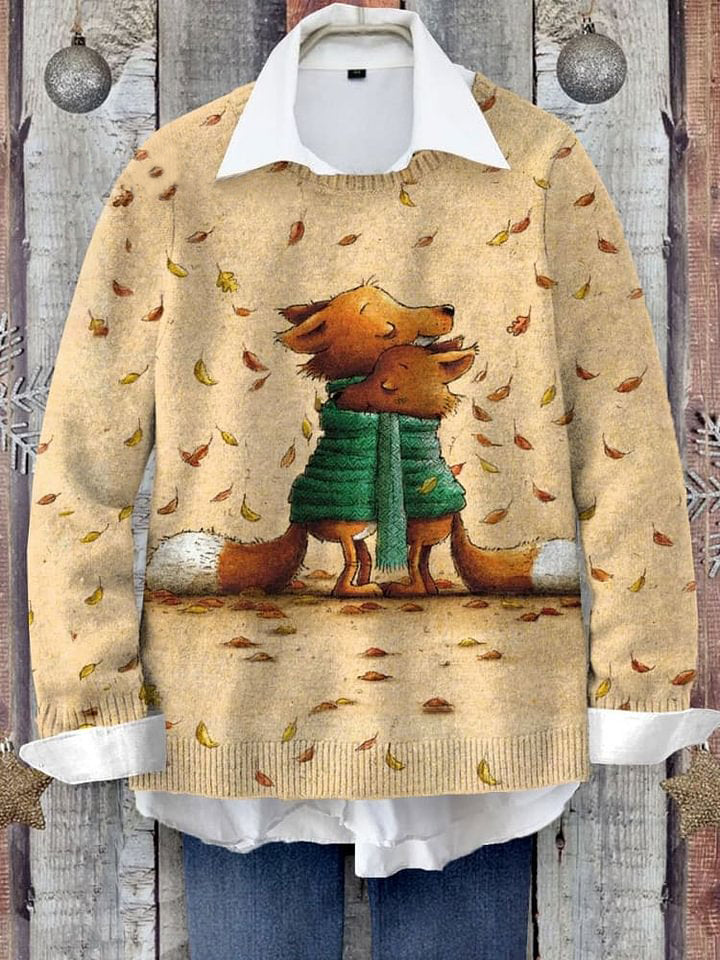 Lovely Fox Cuddle Fall In Love Autumn Art Print Knit Pullover Sweater