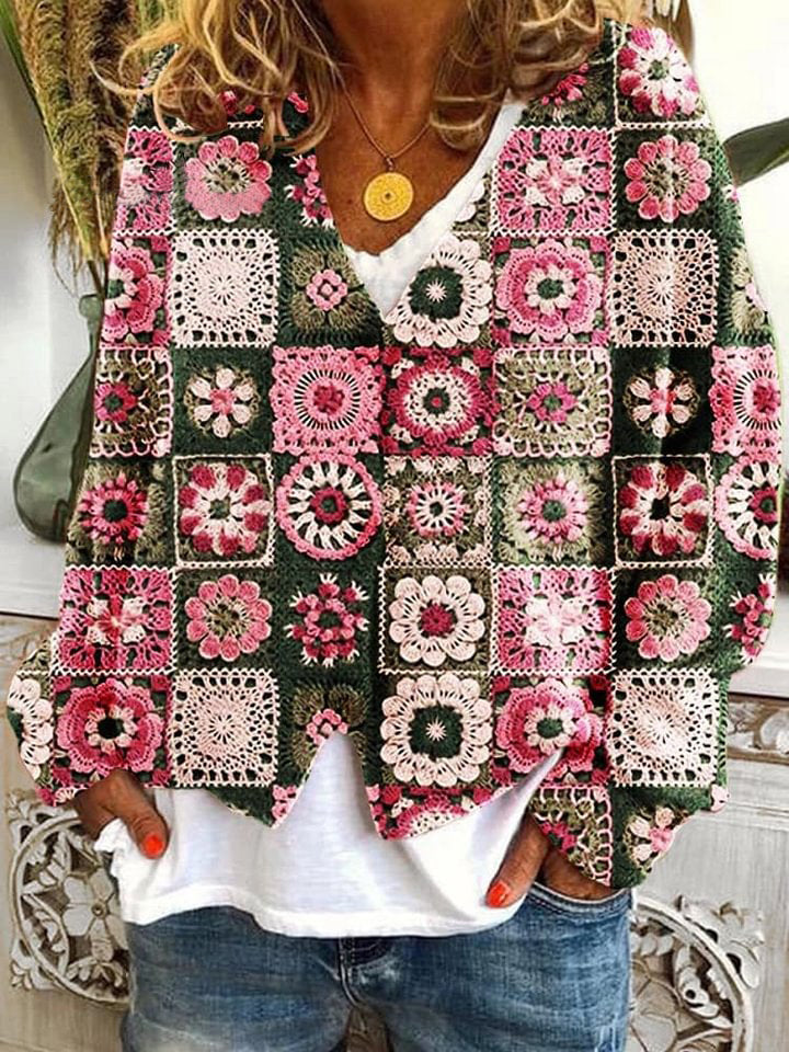 Flower Pattern Art Print Buttoned V-neck Cardigan Sweater