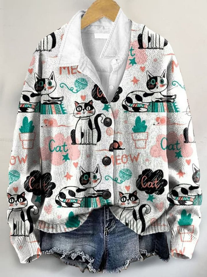 Cute Cat Art Print Buttoned V-neck Cardigan Sweater