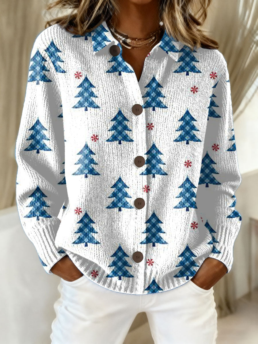 Women's Vintage Christmas Tree Art Print Casual Cardigan Sweater