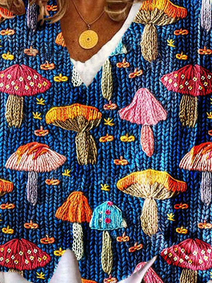 Mushroom Pattern Art Print Buttoned V-neck Cardigan Sweater