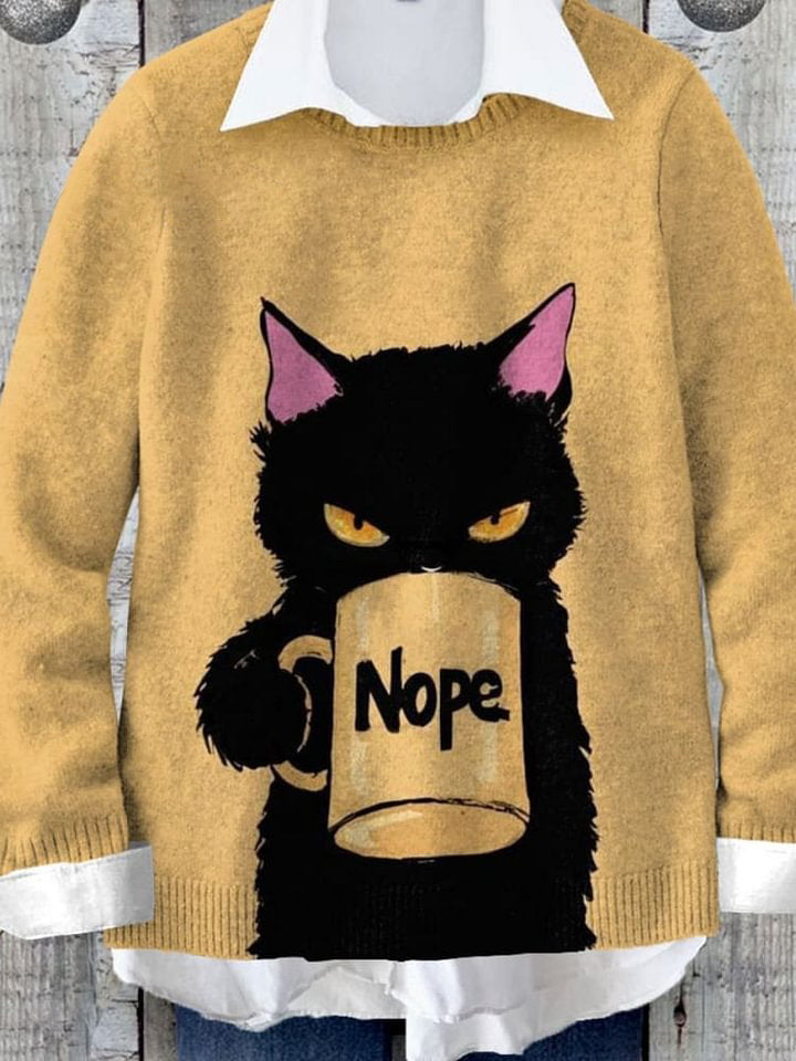 Nope Funny Black Cat Attitude Art Print Knit Pullover Sweater