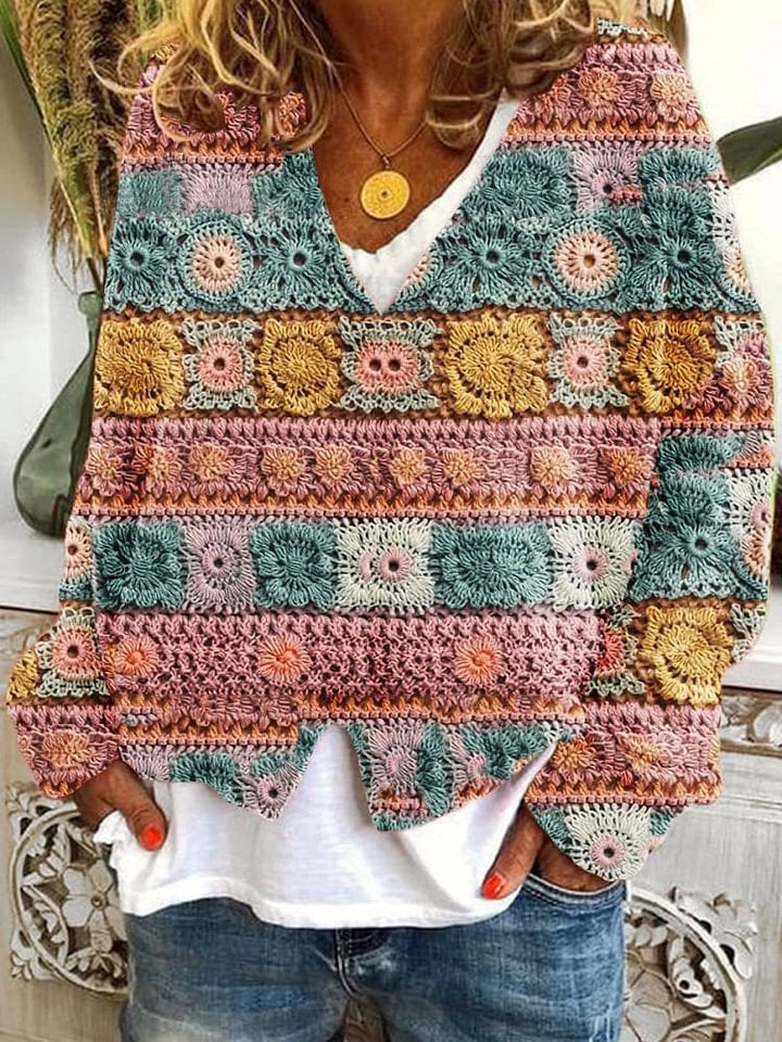 Flower Pattern Art Print Buttoned V-neck Cardigan Sweater