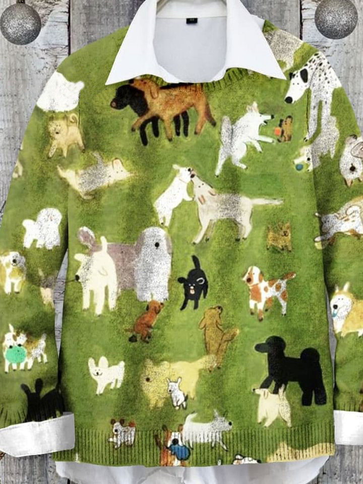 Dog Lover Art Print Knit Pullover Sweater