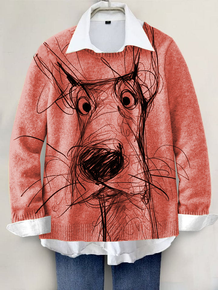 Cute Dog Hand-painted Art Print Knit Pullover Sweater