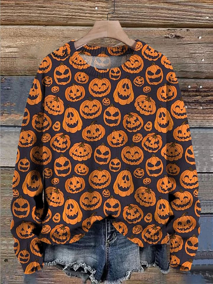 Halloween Spooky Pumpkin Pattern Printed Knit Pullover Sweater