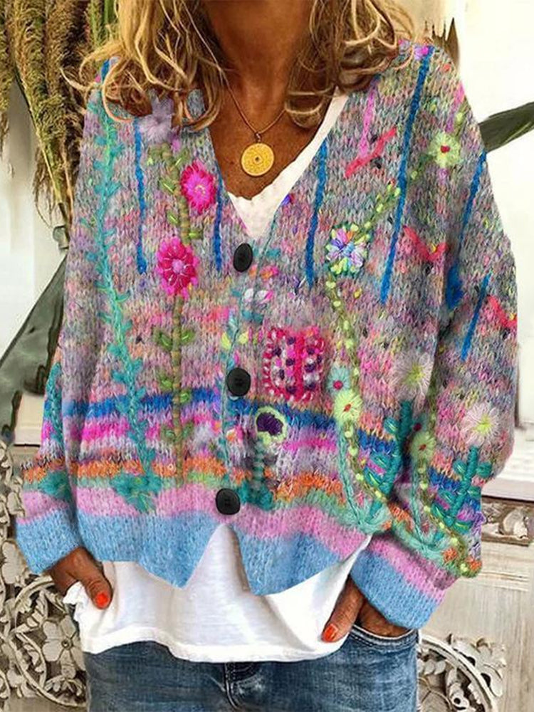 Floral Print Buttoned Casual Cardigan  Sweater