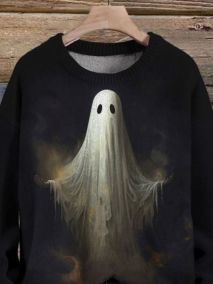 Halloween Ghost Art Printed Knit Pullover Sweater