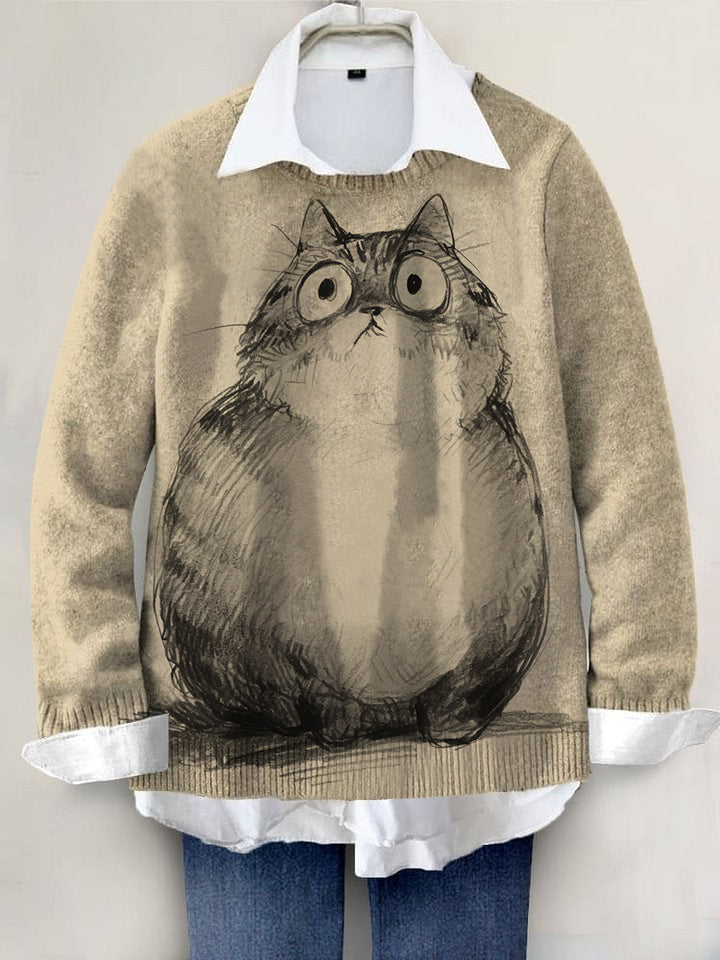 Cute Cat Hand-painted Art Print Knit Pullover Sweater