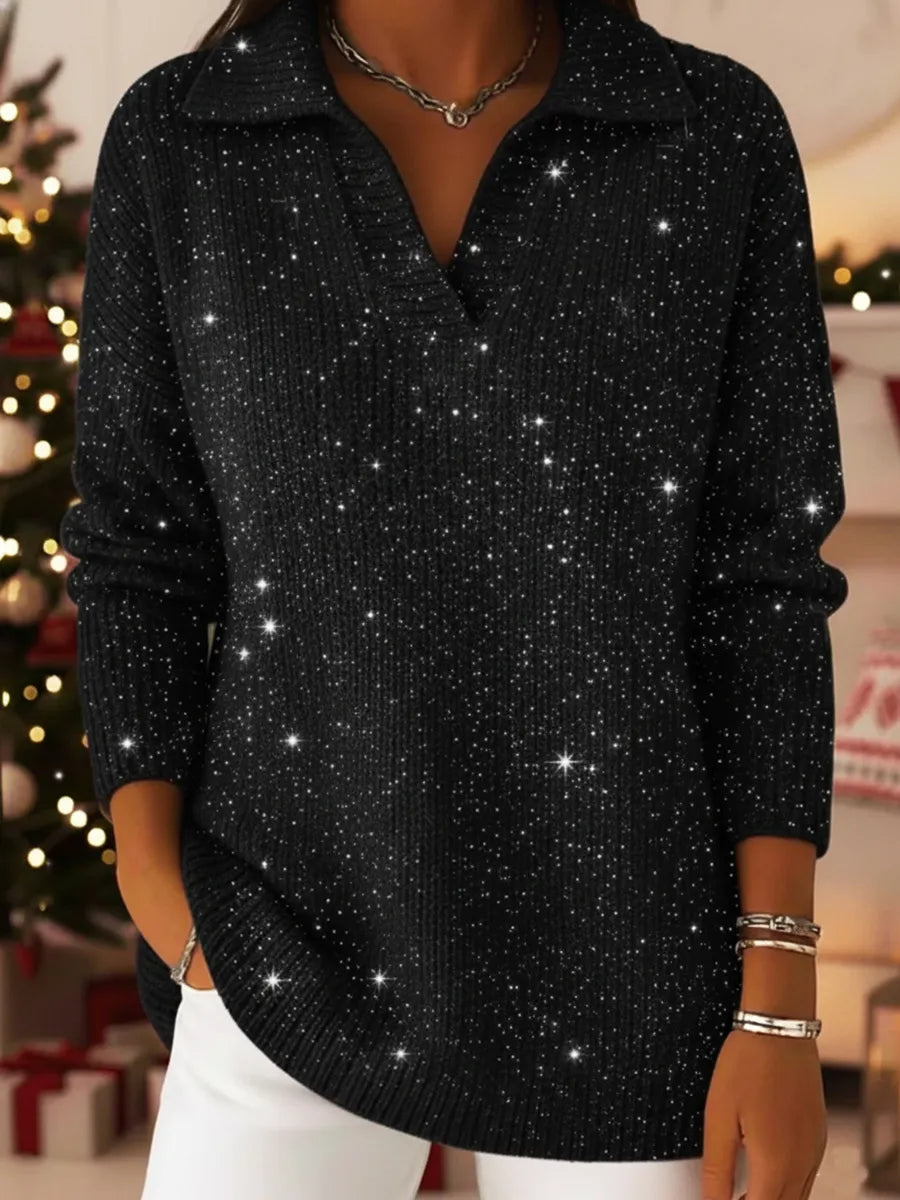 Christmas Party Polo Collar Shiny Loose Sweater Top