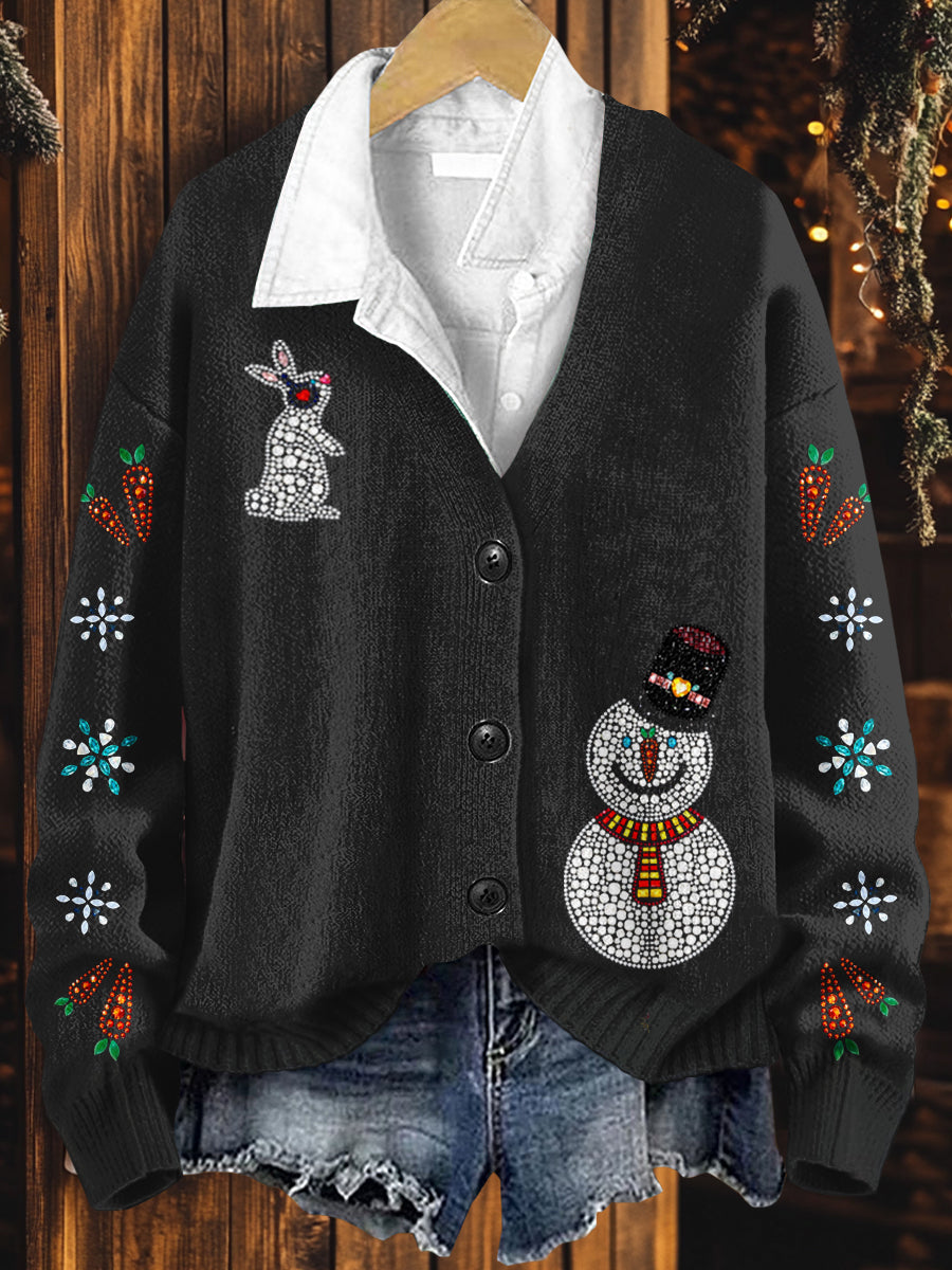 Christmas Art Print Button V Neck Cardigan Sweater