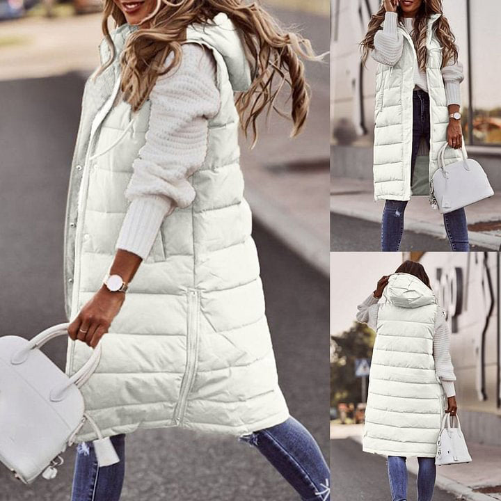 Women's Casaul Stylish Hooded Single Breasted Mid Length Cotton Vest Cardigan Jacket Coat