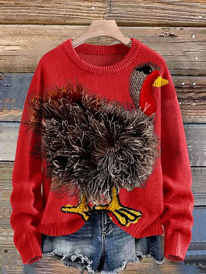 Funny Turkey Art Print Knit Pullover Sweater