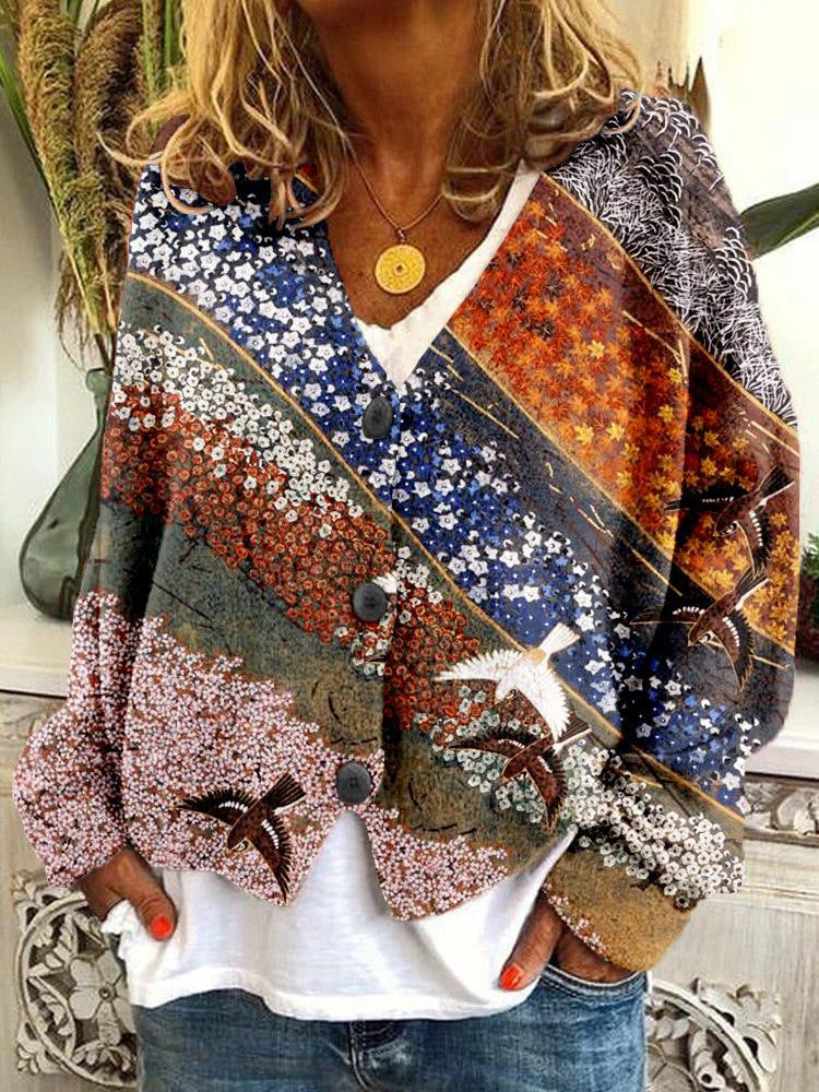 Japanese Floral Print Buttoned Casual Cardigan  Sweater