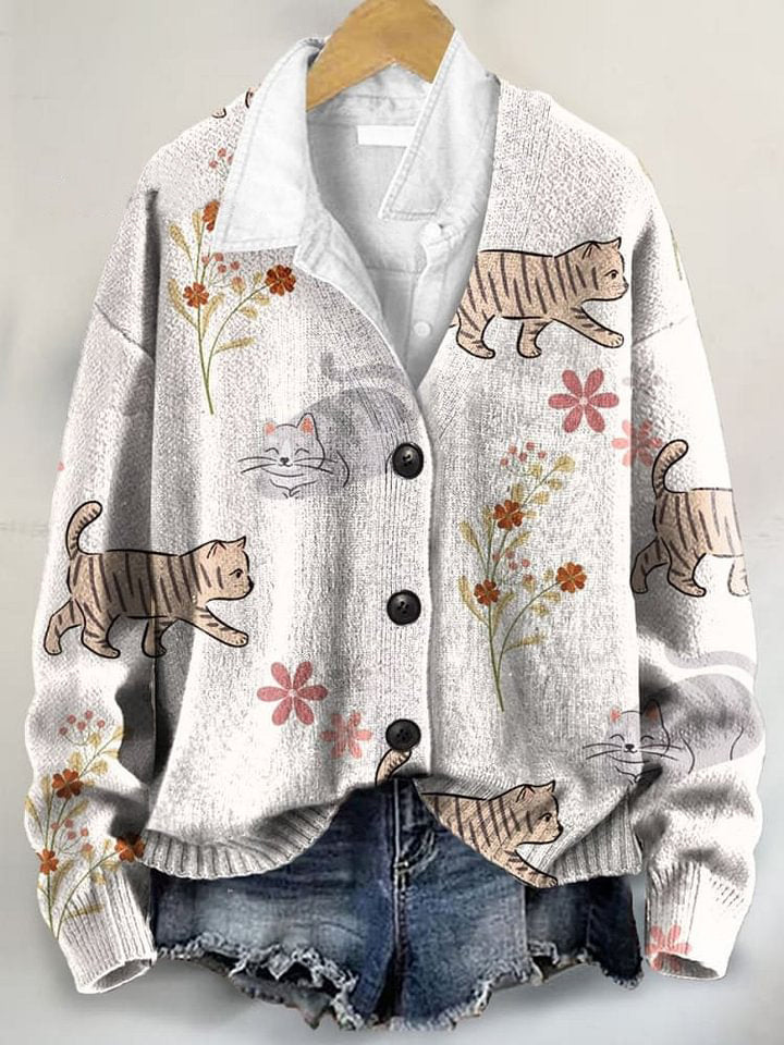 Cute Cat Art Print Buttoned V-neck Cardigan Sweater