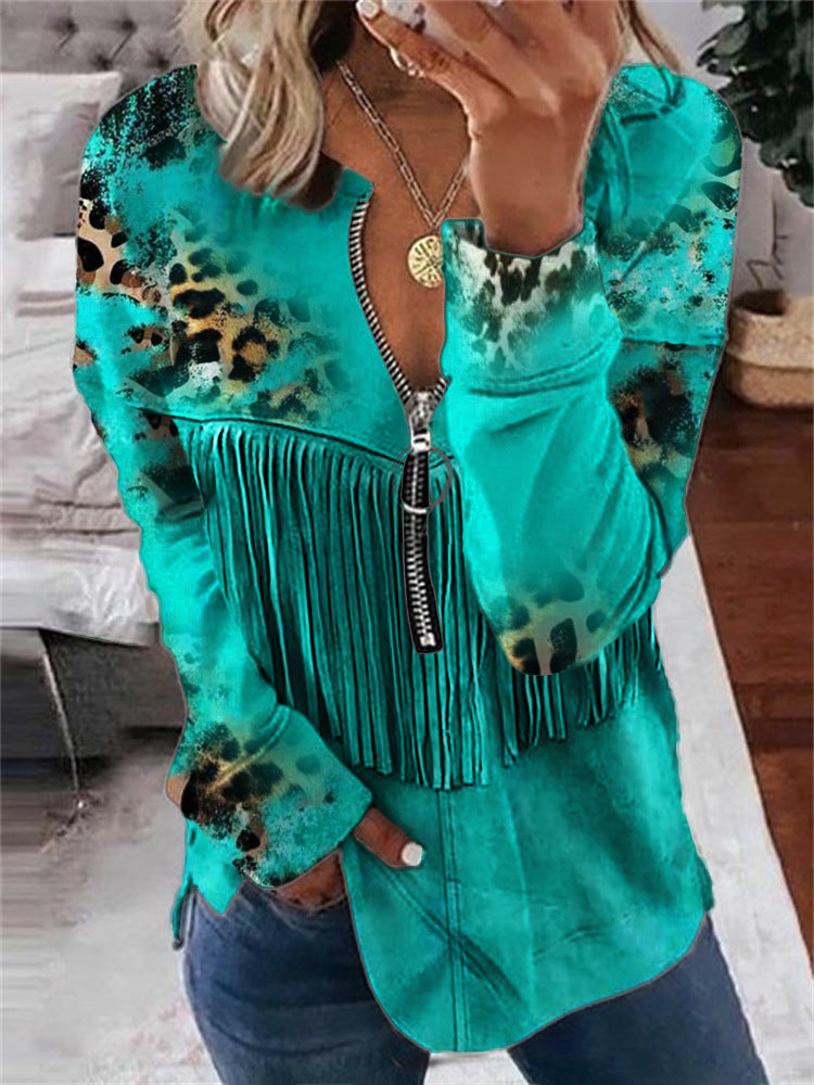 Blue green tassel round neck half zip long sleeved sweatshirt