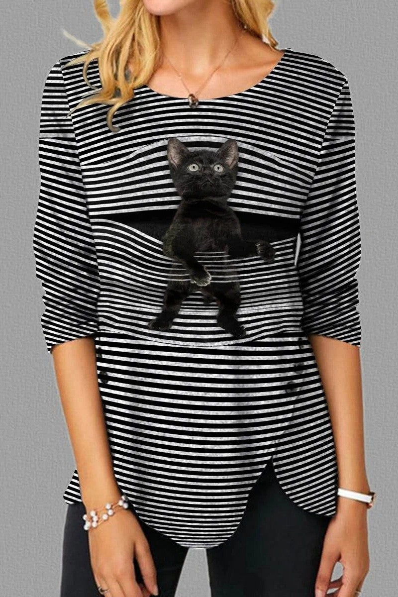 Stripe Cat Print Irregular Hem Long Sleeves Sweatshirt