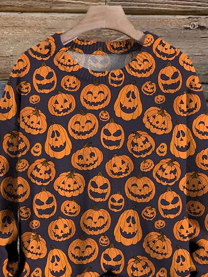 Halloween Spooky Pumpkin Pattern Printed Knit Pullover Sweater