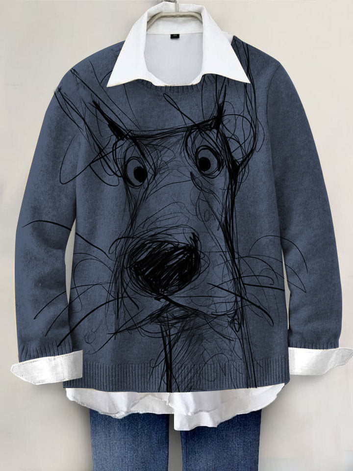 Cute Dog Hand-painted Art Print Knit Pullover Sweater