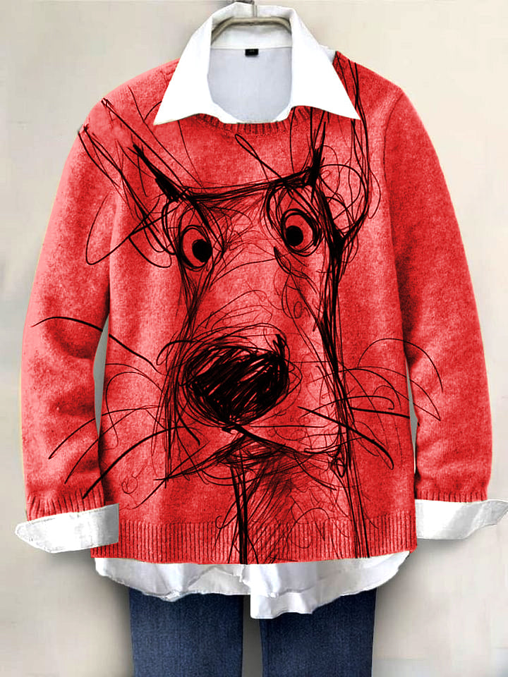 Cute Dog Hand-painted Art Print Knit Pullover Sweater