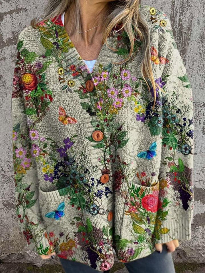 Vintage Lovely Floral Art Print Buttoned Cardigan Sweater