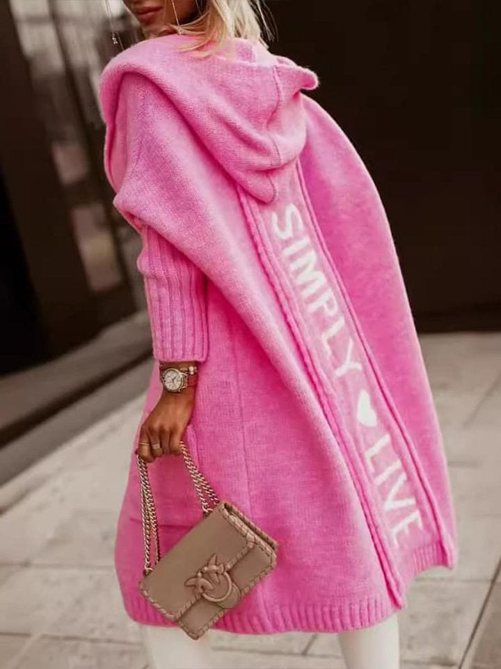 Long Cardigan Lapel Hooded Long Lettered Loose Knitted Jacket