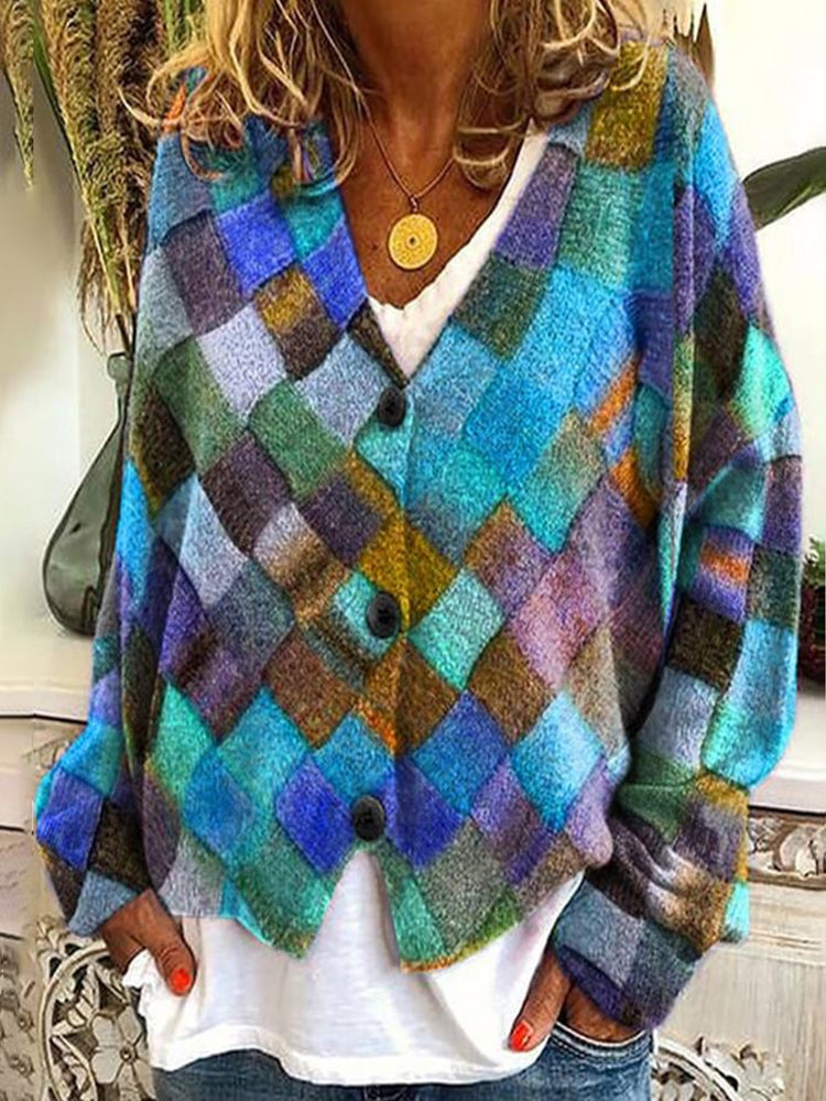 Retro Geometry Print Buttoned Casual Cardigan  Sweater