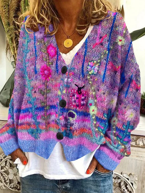 Floral Print Buttoned Casual Cardigan  Sweater