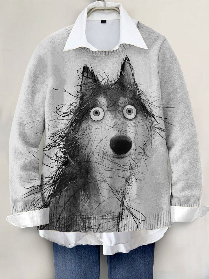 Cute Dog Hand-painted Art Print Knit Pullover Sweater
