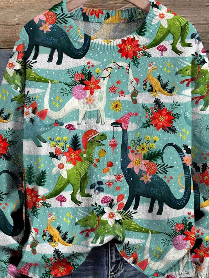 Cute Christmas Dinosaurs Floral Art Pattern Print Casual Knit Pullover Sweater