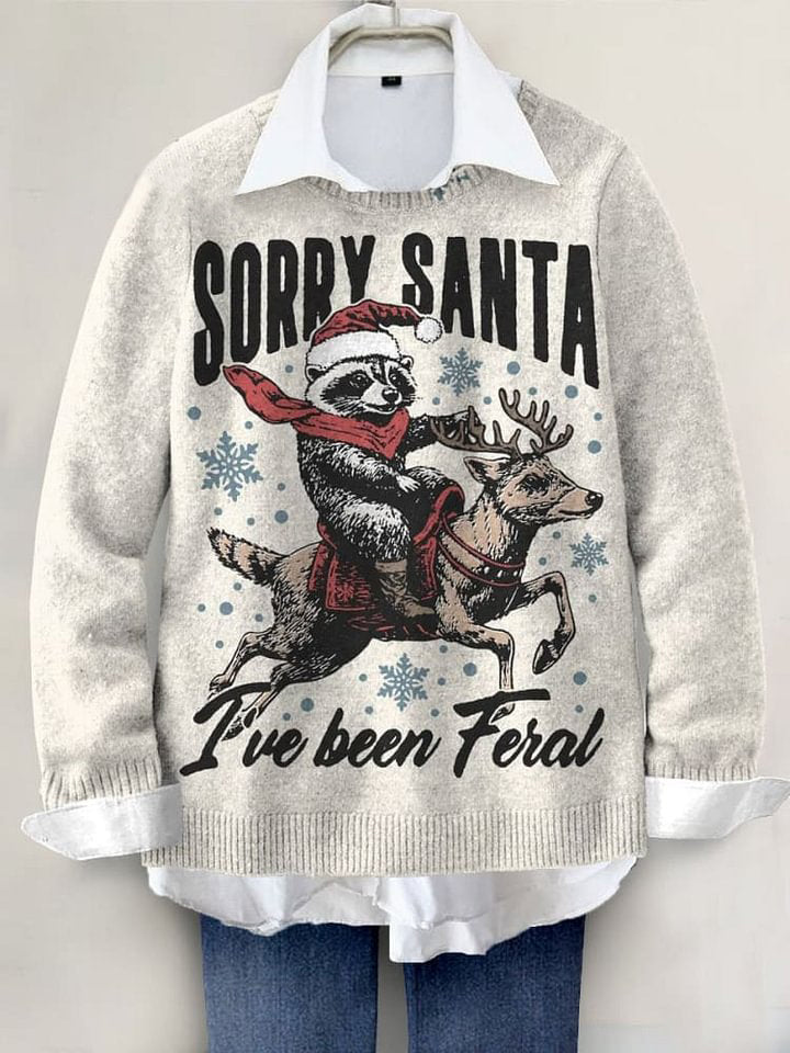Sorry Santa Raccoon Funny Holiday Art Print Knit Pullover Sweater