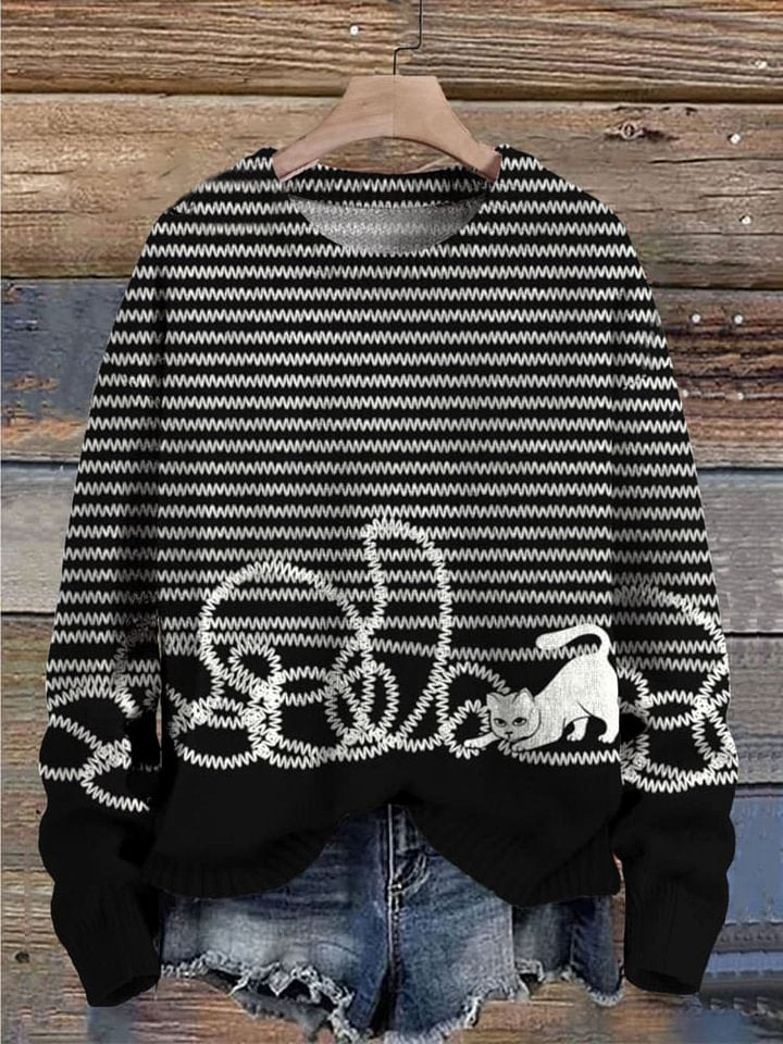 Cute Cat Print Knit Pullover Sweater