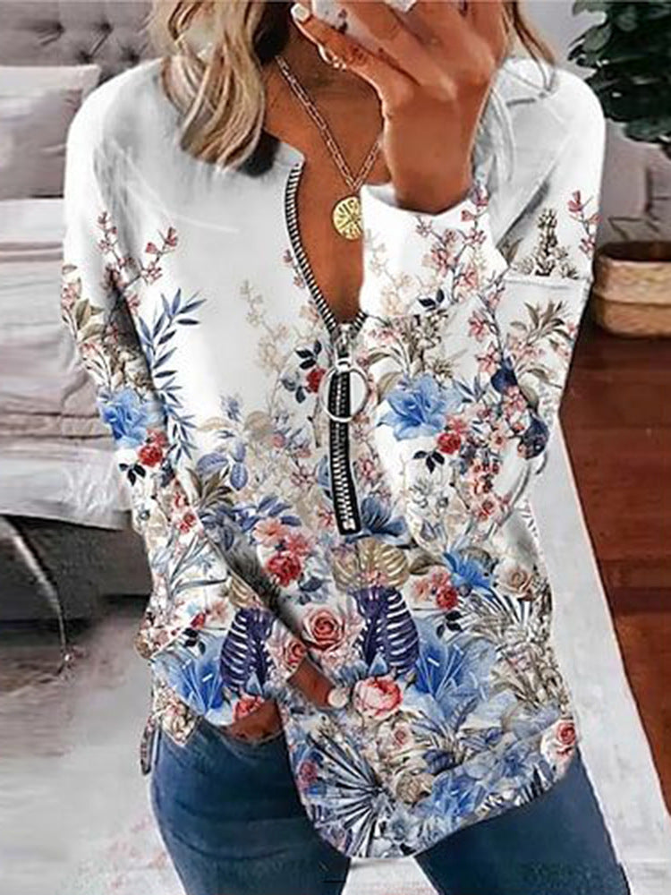 Cute floral print round neck half zipper long sleeved sweatshirt