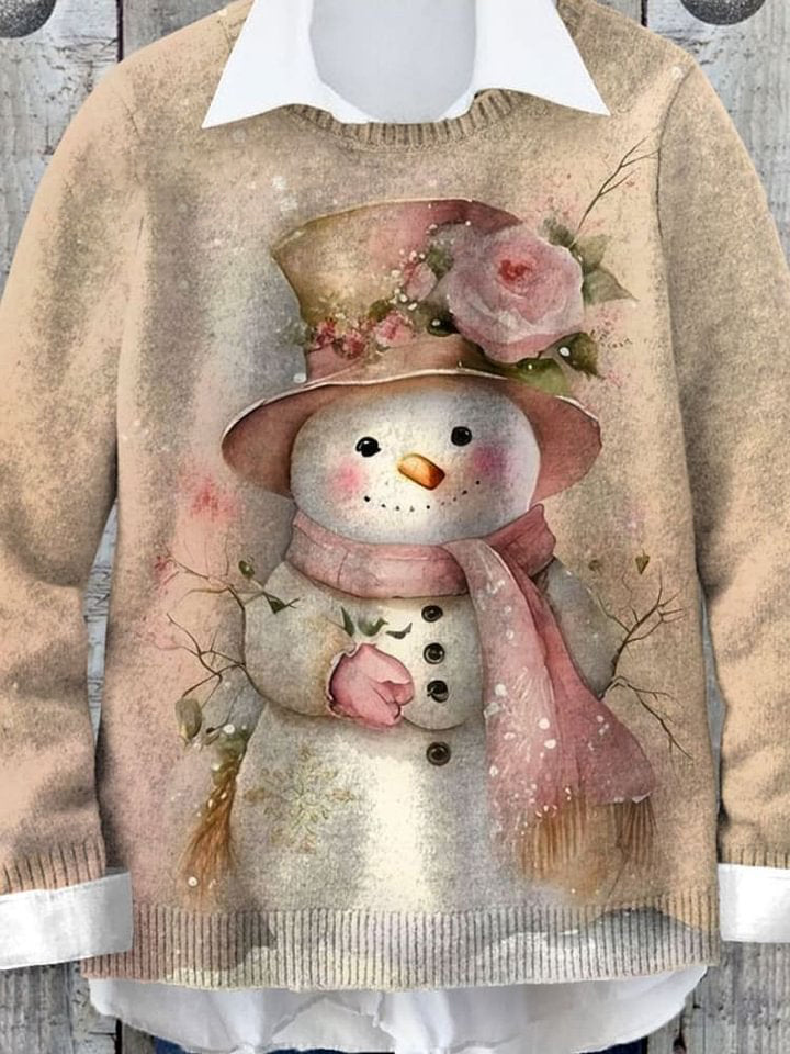 Vintage Christmas Art Print Knit Pullover Sweater