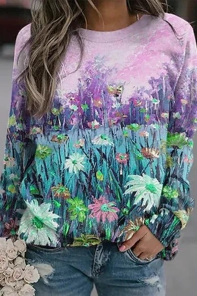 Floral Print Crew Neck Long Sleeves Sweatshirt