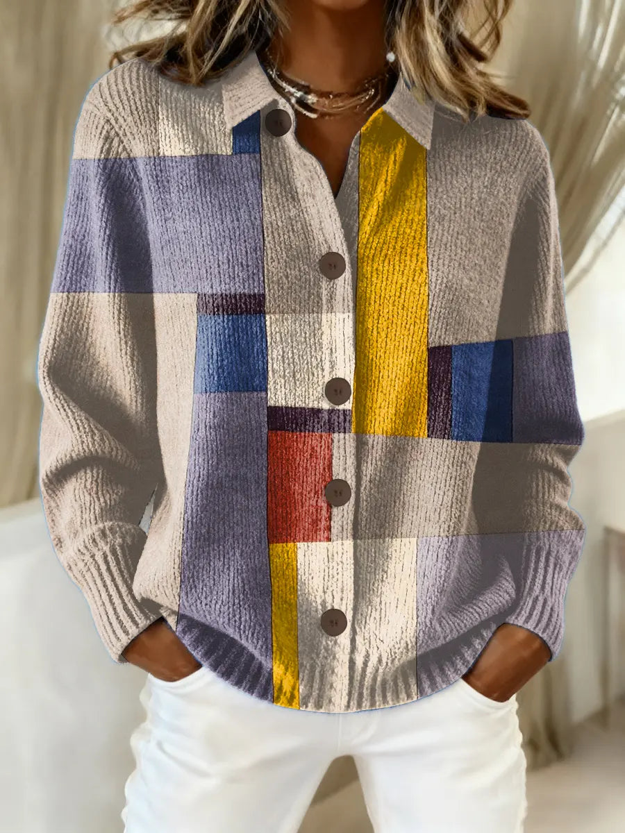 Women's Vintage Geometric Pattern Art Print Casual Cotton Knitted Sweater